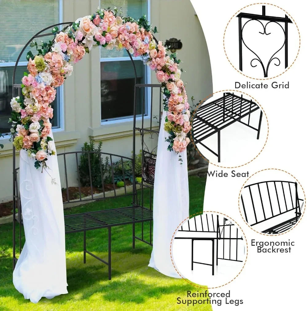 Outdoor Metal Garden Arch With Bench For Climbing Plants