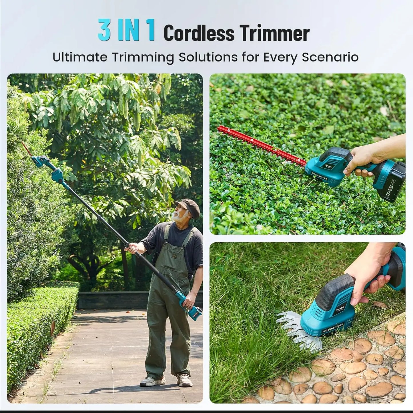 Seesii 3-In-1 Cordless Pole Hedge Trimmer With 21V Dual Batteries