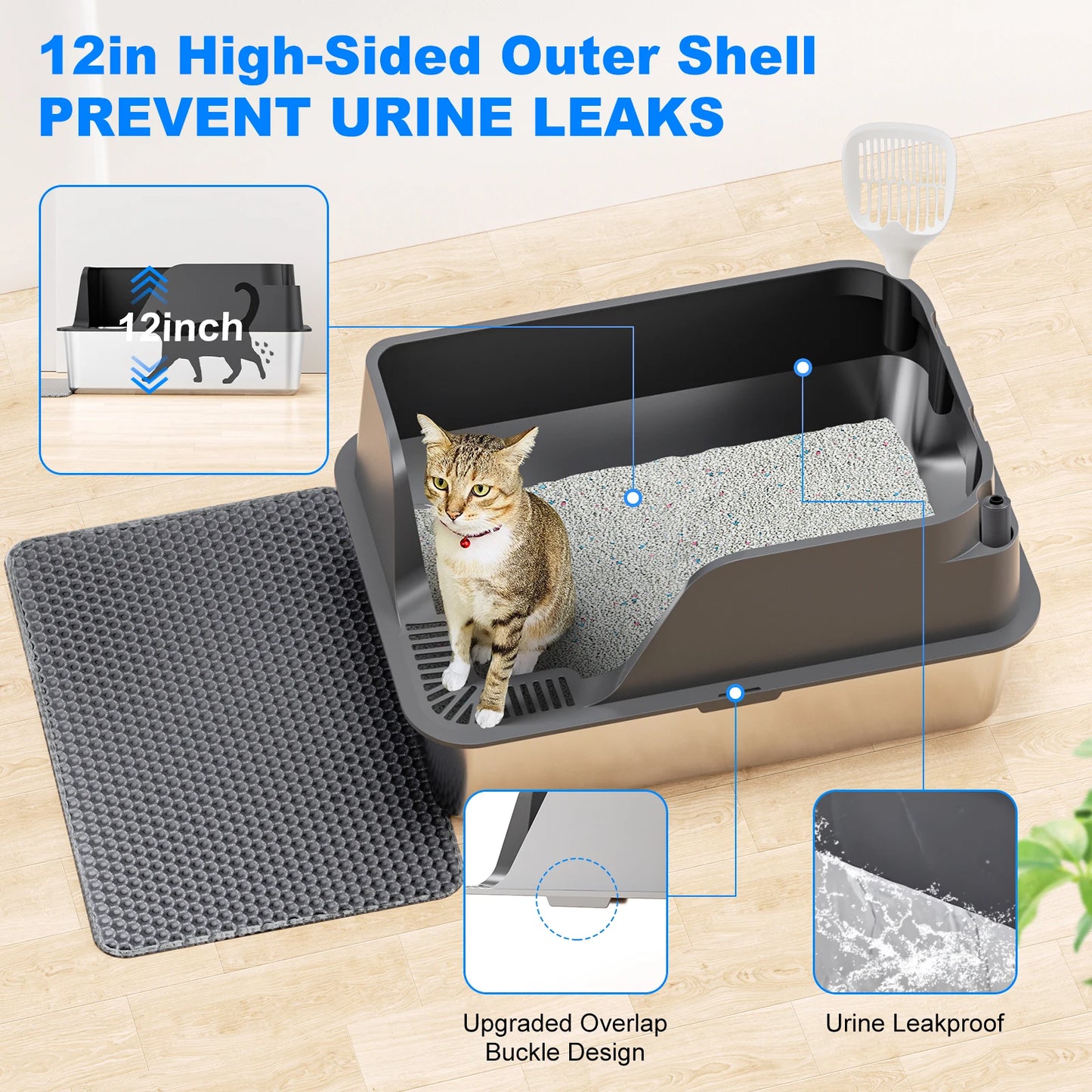 Stainless Steel Cat Litter Box Splashproof for Mess Free Use