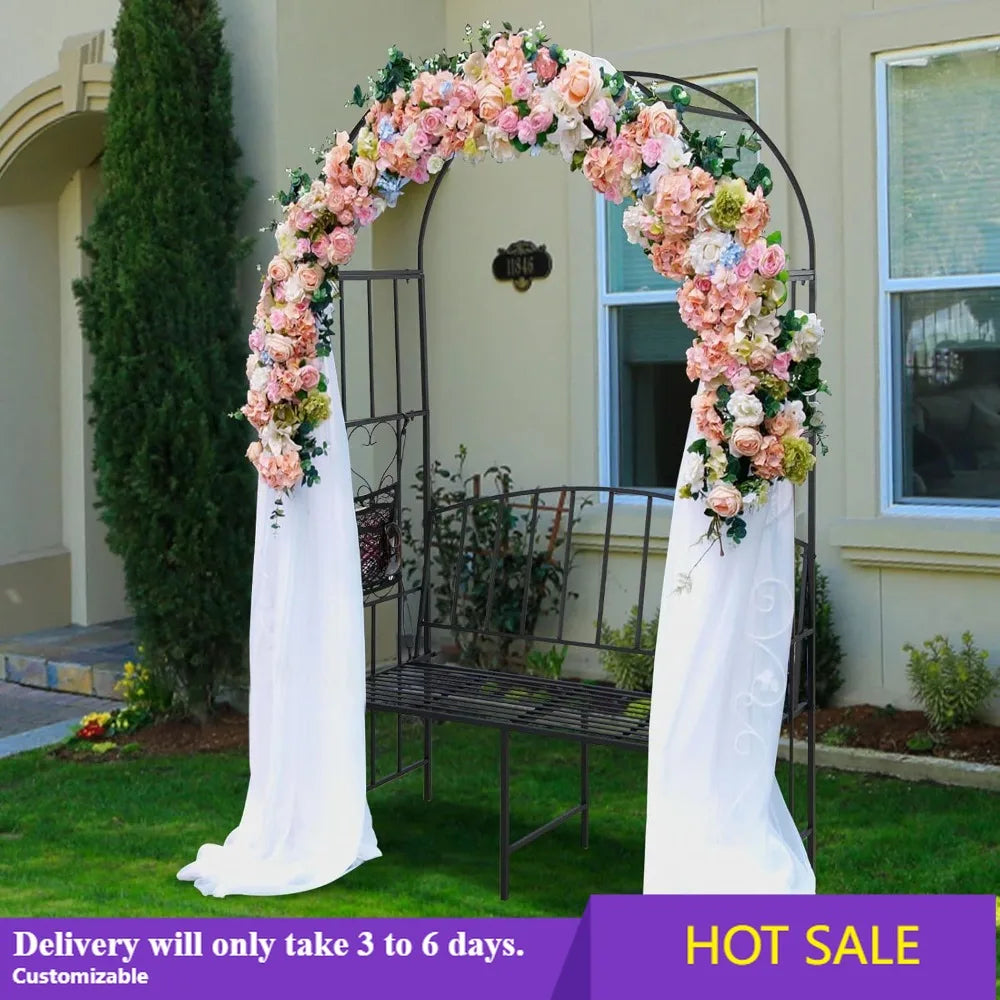 Outdoor Metal Garden Arch With Bench For Climbing Plants
