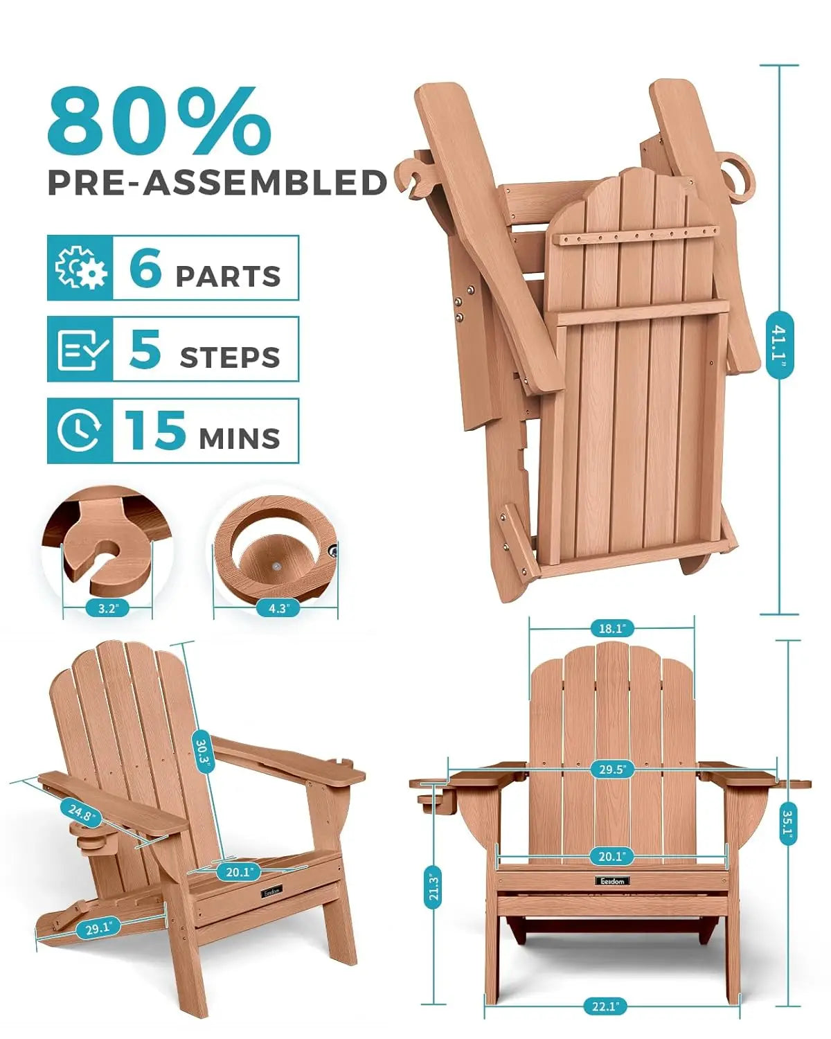 Adirondack Chairs Set of 6 Outdoor Teak Wood Lawn Seating