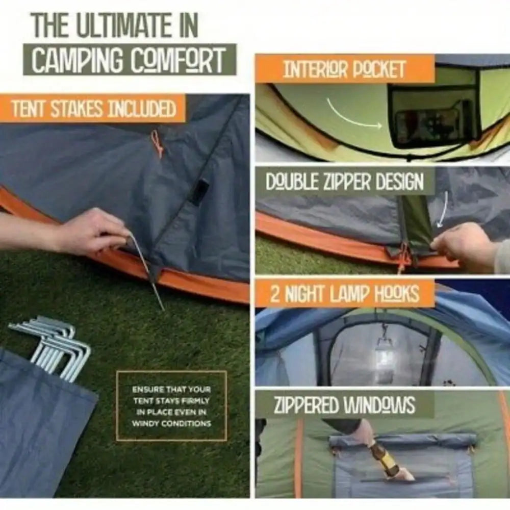 4 Person Pop Up Camping Tent Dual Doors UPF50 Waterproof