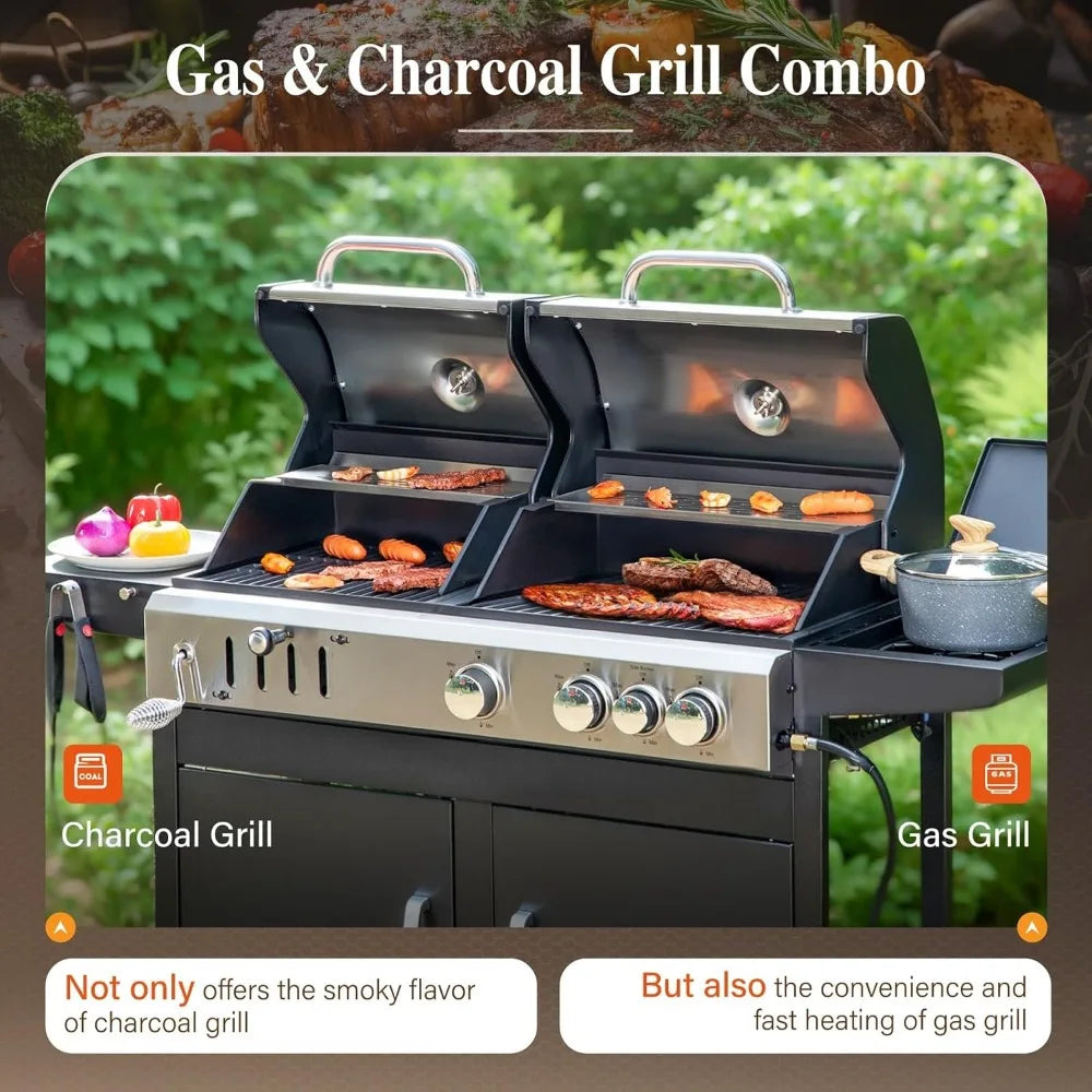 Charcoal And Gas Grill Combo With Side Burner Outdoor BBQ