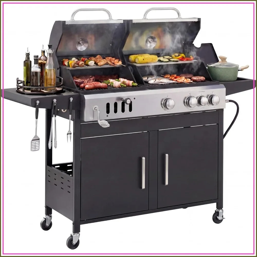 Charcoal And Gas Grill Combo With Side Burner Outdoor BBQ