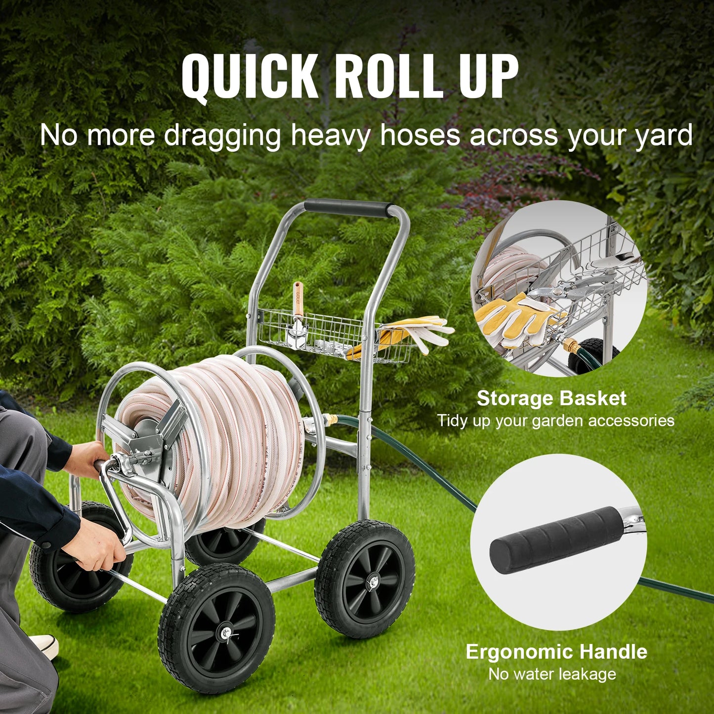 SucceBuy Heavy Duty Garden Hose Reel Cart With Basket Roll Up