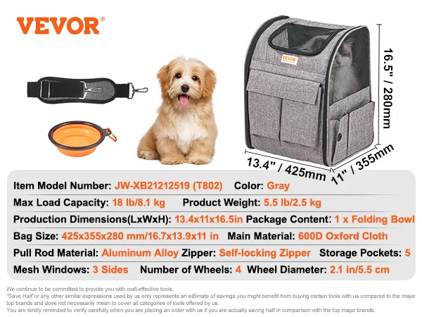 Pet Cat And Dog Carrier Backpack With Telescopic Handle Wheels