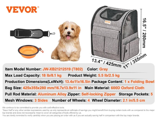 Pet Cat And Dog Carrier Backpack With Telescopic Handle Wheels