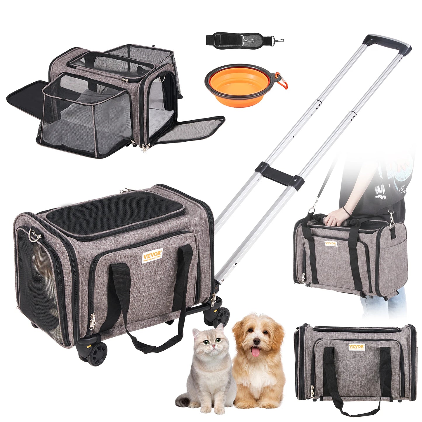 Pet Cat And Dog Carrier Backpack With Telescopic Handle Wheels